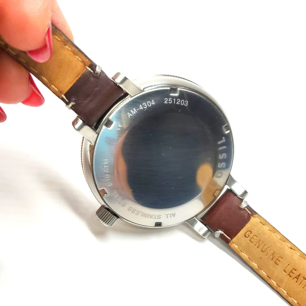 Fossil Watch AM-4304 Silver Gold Watch Brown Leather Band